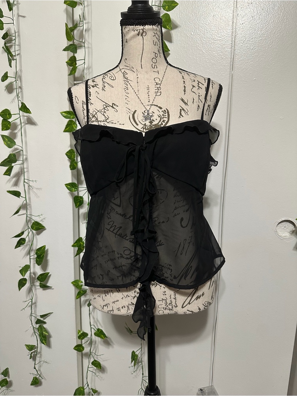 Sheer Black Ruffled Tie-Front Cami Flyaway Top